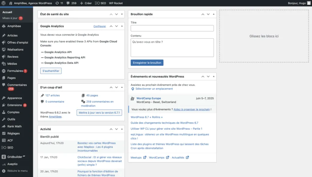 Tableau de bord WordPress - Site AmphiBee
