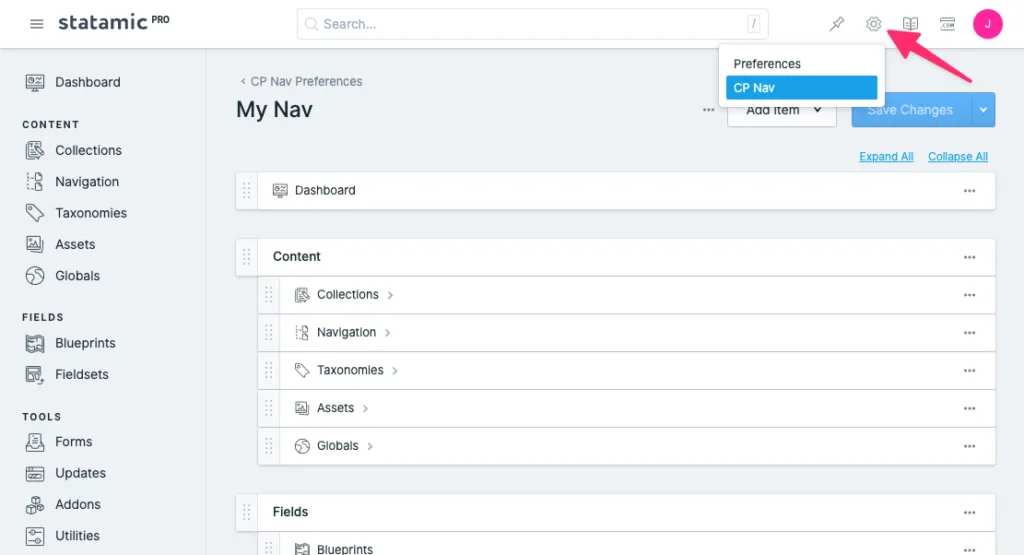 CP Nav Préférences - Statamic
