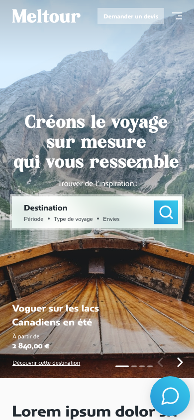 Screen de la maquette meltour agence de voyage format mobile